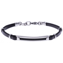 Bracelet acier - cuir noir italien - cable noir - 19+4cm