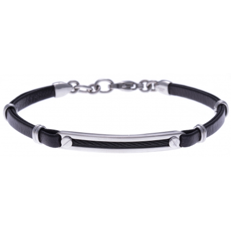 Bracelet acier - cuir noir italien - cable noir - 19+4cm