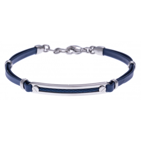 Bracelet acier - cuir bleu italien - câble bleu - 19+4cm