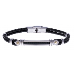 Bracelet acier - cuir noir tressé italien - câble noir - or jaune 18KT 0,04gr - 21,5cm - réglable