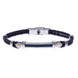 Bracelet acier - cuir bleu tressé italien - câble bleu - or jaune 18KT  0,04gr - 21,5cm - réglable