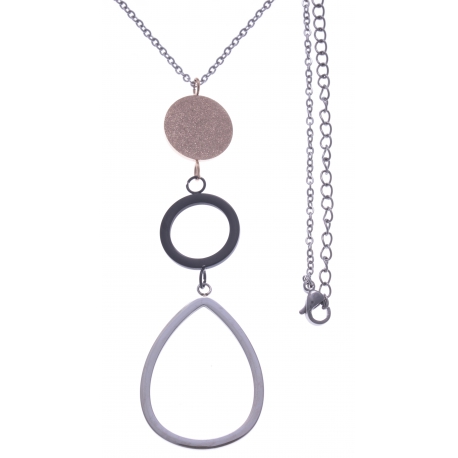 Collier en acier 3 tons - acier, rosé et noir - 2 ronds + goutte - hauteur pendentif 7cm - longueur chaîne 45+7cm