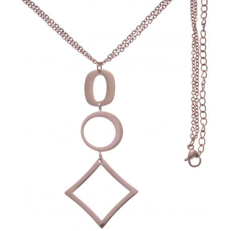 Collier en acier rosé - 2 ronds + goutte - hauteur pendentif 7cm - longueur double chaîne 45+7cm