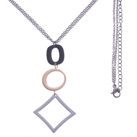 Collier en acier 3 tons - acier, rosé et noir - 2 ronds + goutte - hauteur pendentif 6cm - longueur double chaîne 45+7cm