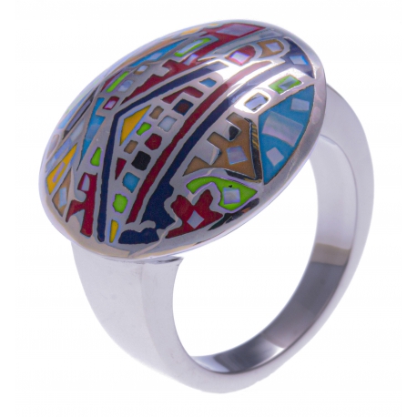 Bague en acier - maison colorée - nacre - émail - T52 à T62