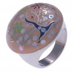 Bague en acier - arbre de vie - nacre - émail - T52 à T62