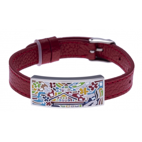 Bracelet acier - maison colorée - émail - nacre - cuir rouge - largeur 1cm - bracelet montre réglable