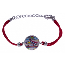 Bracelet acier - maison colorée - nacre - émail - coton rouge - 16+4cm