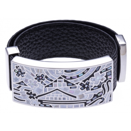 Bracelet acier - maison noir&blanc - émail - nacre - cuir noir - largeur 2cm - longueur 23,5cm