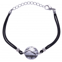 Bracelet acier - maison noir&blanc - nacre - émail - coton noir - 16+4cm