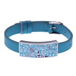 Bracelet acier - arbre de vie - émail - nacre - cuir bleu - largeur 1cm - bracelet montre réglable