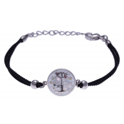 Bracelet acier - arbre de vie - nacre - émail - coton noir - 16+4cm