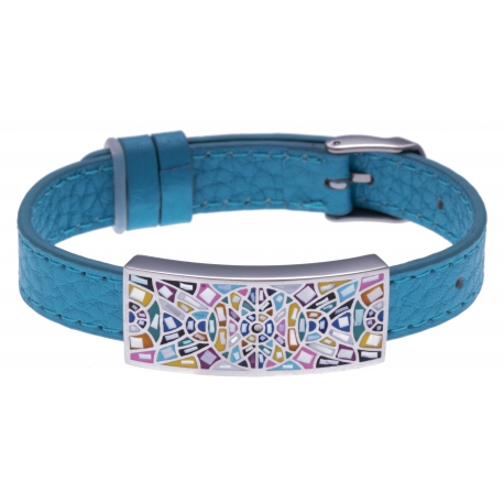 Bracelet acier - émail - nacre - cuir bleu - largeur 1cm - bracelet montre réglable