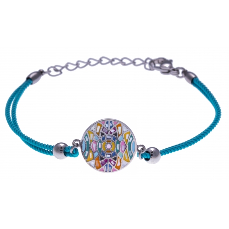 Bracelet acier - nacre - émail - coton bleu - 16+4cm