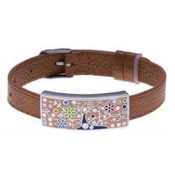 Bracelet acier - arbre de vie - émail - nacre - cuir marron - largeur 1cm - bracelet montre réglable