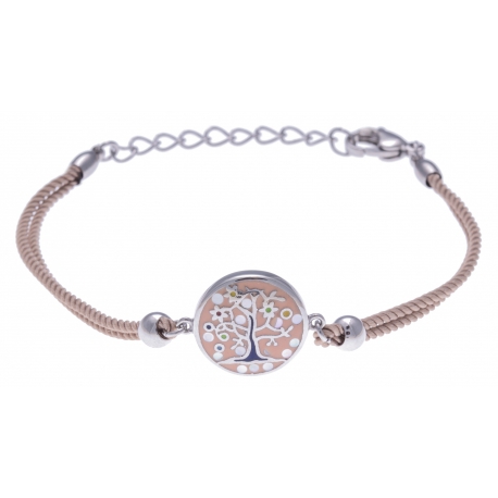 Bracelet acier - arbre de vie - nacre - émail - coton marron - 16+4cm