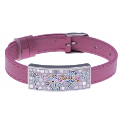 Bracelet acier - émail - nacre - cuir rose - largeur 1cm - bracelet montre réglable