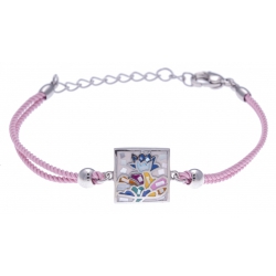 Bracelet acier - nacre - émail - coton rose - 16+4cm