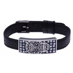 Bracelet acier - tête de mort - émail - nacre - cuir noir - largeur 1cm - bracelet montre réglable