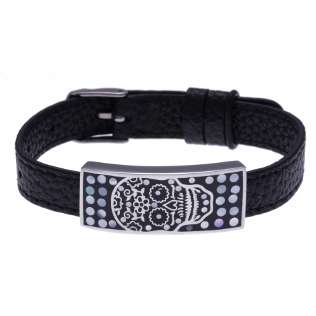Bracelet acier - tête de mort - émail - nacre - cuir noir - largeur 1cm - bracelet montre réglable