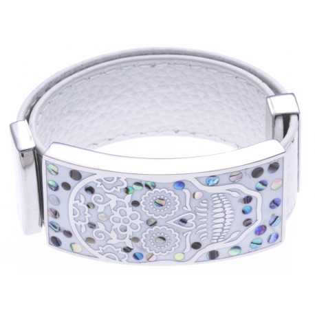 Bracelet acier - tête de mort - émail - nacre - cuir blanc - largeur 2cm - longueur 23,5cm