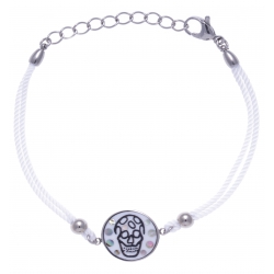 Bracelet acier - tête de mort - nacre - émail - coton blanc - 16+4cm