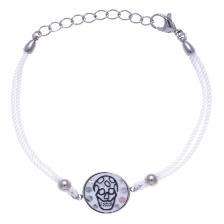 Bracelet acier - tête de mort - nacre - émail - coton blanc - 16+4cm