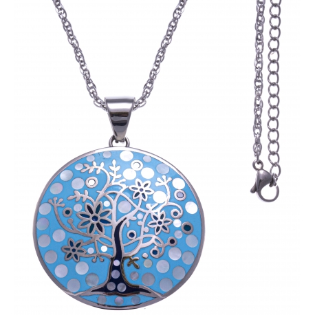 Collier en acier - arbre de vie - nacre - émail - 45+10cm