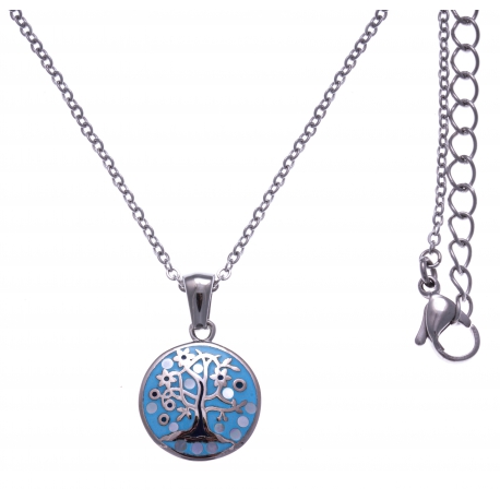 Collier en acier - arbre de vie - nacre - émail - petit volume - longueur 38+5cm