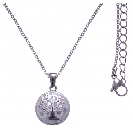 Collier en acier - arbre de vie - nacre - émail - petit volume - longueur 38+5cm