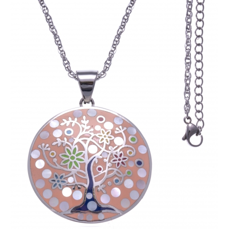 Collier en acier - arbre de vie - nacre - émail - 45+10cm