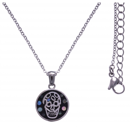 Collier en acier - tête de mort - nacre - émail - petit volume - longueur 38+5cm