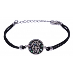 Bracelet acier - tête de mort - nacre - émail - coton noir - 16+4cm