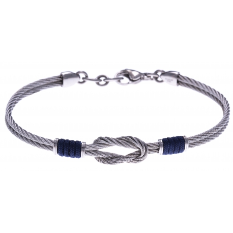 Bracelet acier - 2 câbles acier - nœud marin - cordon nautique bleu - 19,5 + 2,5cm