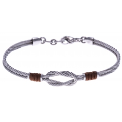 Bracelet acier - 2 câbles acier - nœud marin - cordon nautique marron - 19,5 + 2,5cm