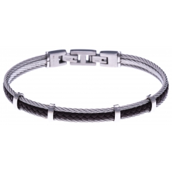 Bracelet acier - 2 cable acier - cuir tressé marron italien - 19,5+1,5cm