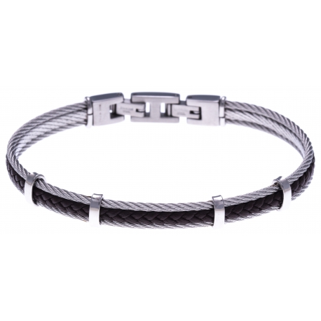 Bracelet acier - 2 cable acier - cuir tressé marron italien - 19,5+1,5cm