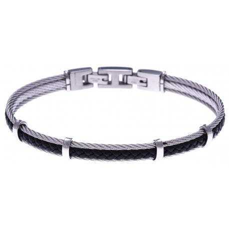 Bracelet acier - 2 cable acier - cuir tressé noir italien - 19,5+1,5cm
