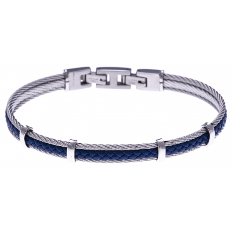 Bracelet acier - 2 cable acier - cuir tressé bleu italien - 19,5+1,5cm