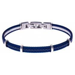 Bracelet acier - 2 cable acier bleu - cuir tressé bleu italien - 19,5+1,5cm