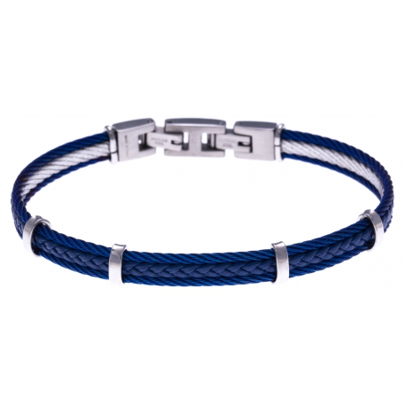 Bracelet acier - 2 cable acier bleu - cuir tressé bleu italien - 19,5+1,5cm