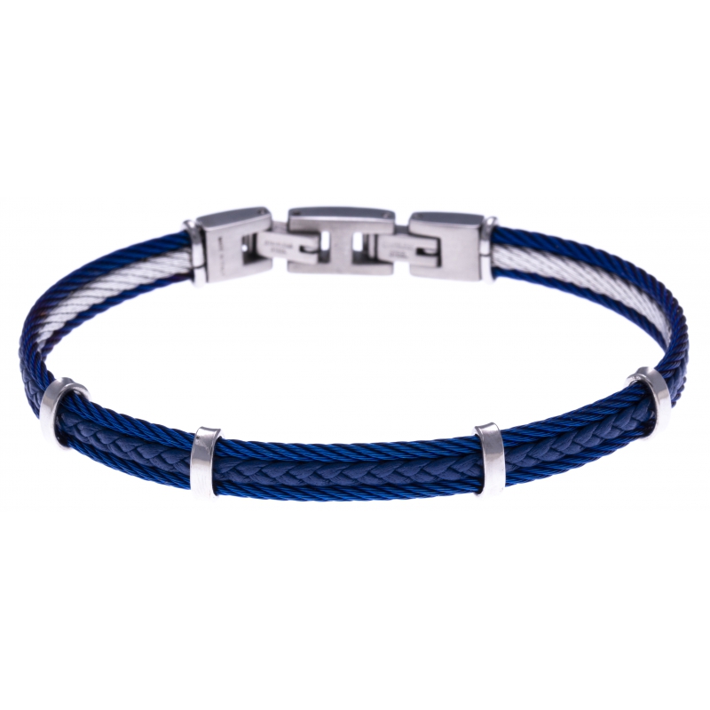 Bracelet homme Apollon, acier et cuir italien bleu Longueur 21,5 cm lanière  de cuir italien bleu lis