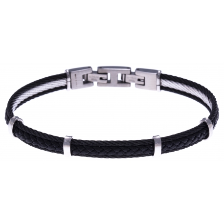 Bracelet acier - 2 cable acier noir - cuir tressé noir italien - 19,5+1,5cm