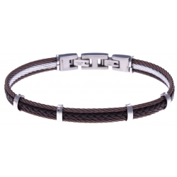 Bracelet acier - 2 cable acier marron - cuir tressé marron italien - 19,5+1,5cm