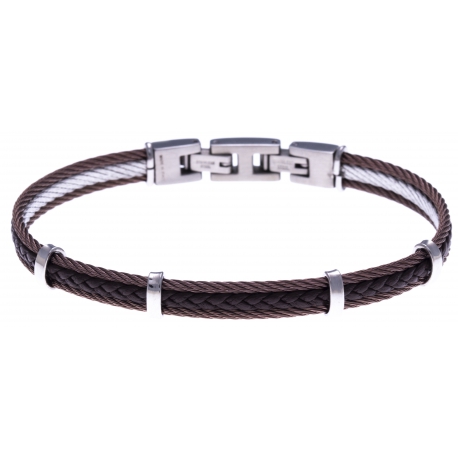 Bracelet acier - 2 cable acier marron - cuir tressé marron italien - 19,5+1,5cm