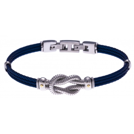 Bracelet acier - 3 câbles acier bleu - nœud marin acier - vis or jaune 18KT 0,03g  - 19,5 + 1,5cm