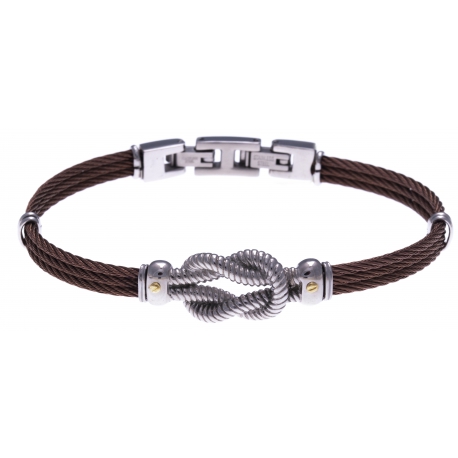 Bracelet acier - 3 câbles acier marron - nœud marin acier - vis or jaune 18KT 0,03g  - 19,5 + 1,5cm