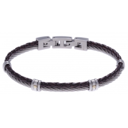 Bracelet acier - 1 cable acier - cuir tressé marron italien - vis en or jaune 18KT 0,03gr - 19,5+1,5cm