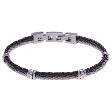 Bracelet acier - 1 cable acier - cuir tressé marron italien - vis en or jaune 18KT 0,03gr - 19,5+1,5cm