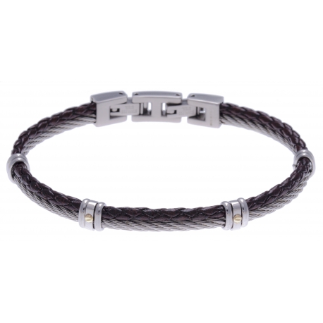 Bracelet acier - 1 cable acier - cuir tressé marron italien - vis en or jaune 18KT 0,03gr - 19,5+1,5cm